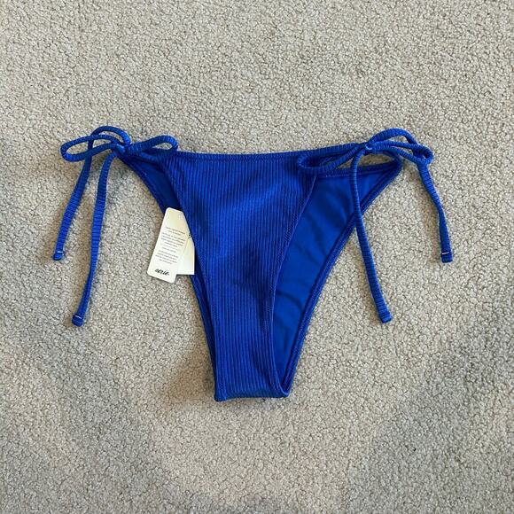 NWT Aerie Shine Rib Cheekiest Tie Bikini Bottom Yearbook Blue Swim Surf Size S - Picture 3 of 5